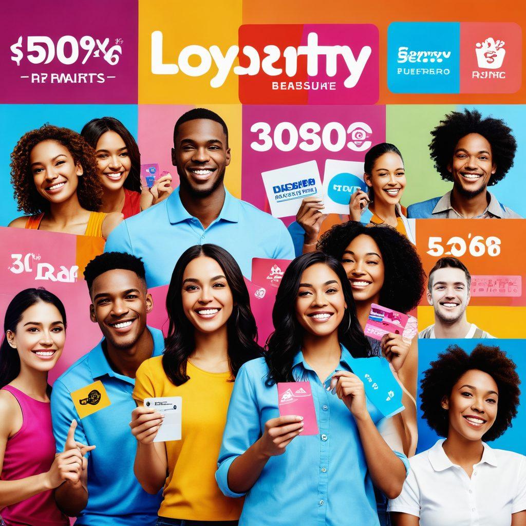 A vibrant collage of diverse happy customers receiving loyalty rewards, surrounded by symbols of membership benefits like discount cards, exclusive offers, and smiling faces. Include a warm, inviting storefront in the background and emphasize a sense of community and delight. Use bright colors and dynamic composition to evoke positive emotions. super-realistic. vibrant colors.