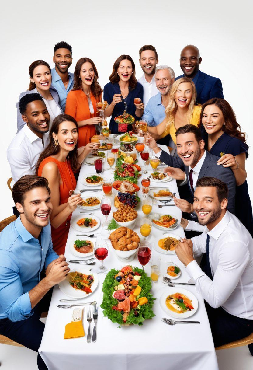 A vibrant, happy scene depicting a diverse group of people enjoying exclusive membership perks, like gourmet dining, luxury travel, and unique experiences. Include joyful faces, bright colors, and elements that represent connections and community. Showcase elements of excitement and belonging against a soft, inviting background. super-realistic. vibrant colors. white background.