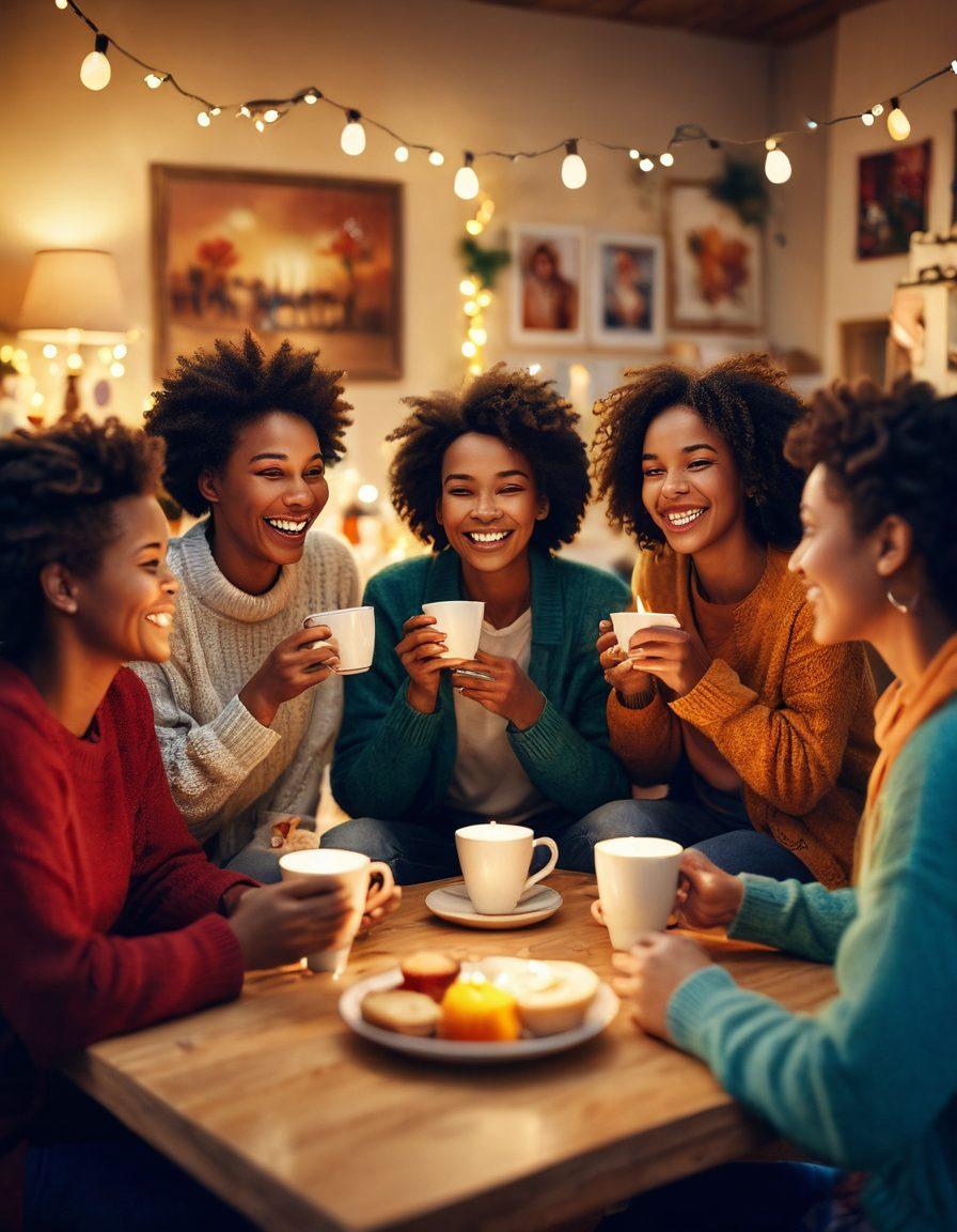 A warm, inviting scene depicting a diverse group of happy members sharing a joyful moment together in a cozy setting, with bright smiles and genuine interactions. Include elements like laughter, cups of tea, and colorful decorations that symbolize community, along with glowing lights to create a sense of warmth. soft focus. vibrant colors. super-realistic.